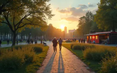 Cover photo illustration showing alternative attractions in Wrocław, outside the city center. A composed scene featuring: the green Grabiszyński Park with bike paths and joggers, the wild Rędziński Forest trail, a neon art gallery with retro PRL signs, a cozy outdoor cinema on an estate, and a local food truck with people relaxing on deckchairs. Warm, sunset lighting. Atmosphere of local life and urban calm. Realistic style with artistic touches.