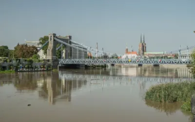 Scenic view of Grunwald Bridge in Wrocław reflecting in the Odra River.
